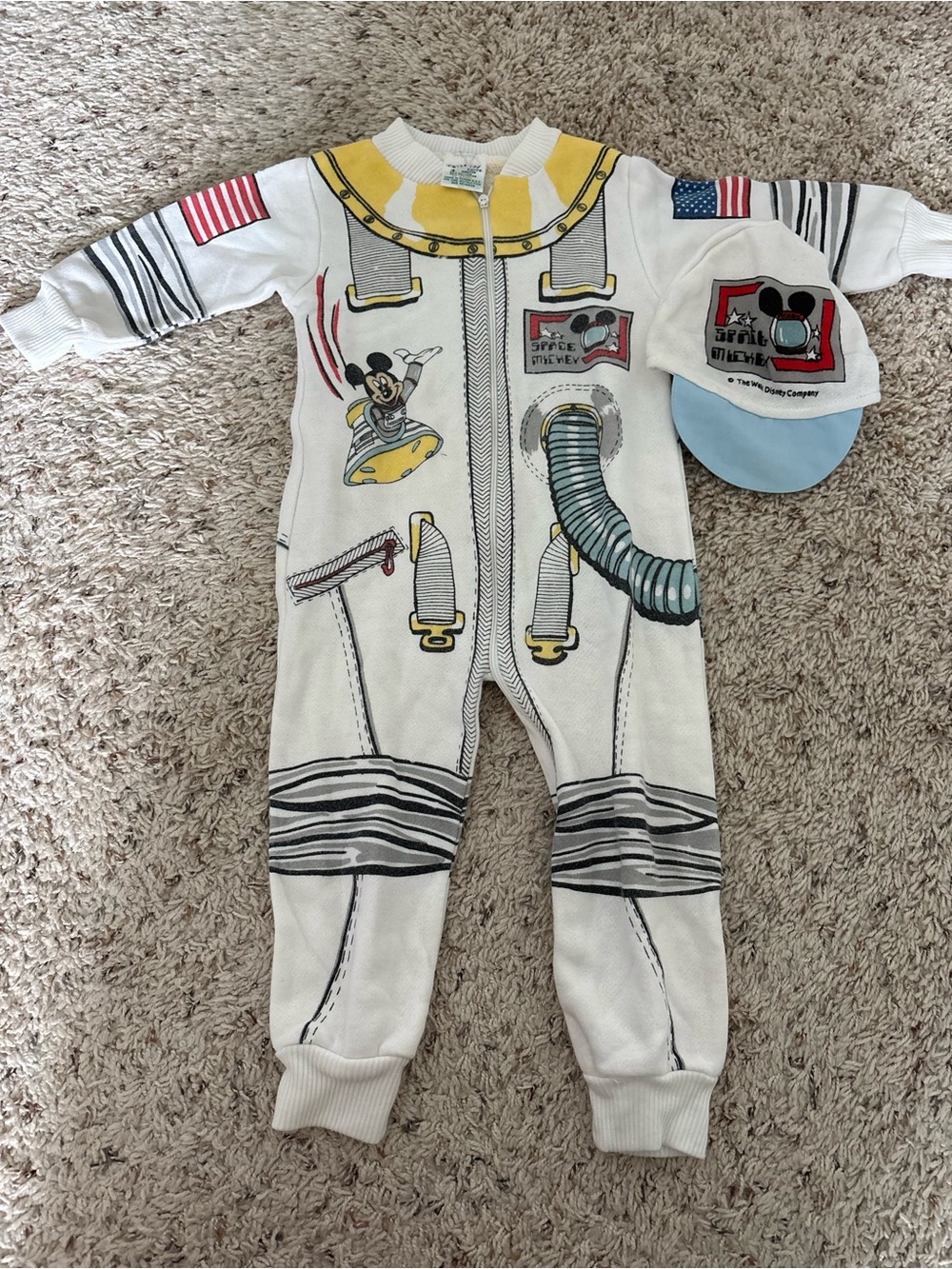 Vintage Disney Confetti Knits Space Mickey One Piece & Hat 18 Months 1980s Micke